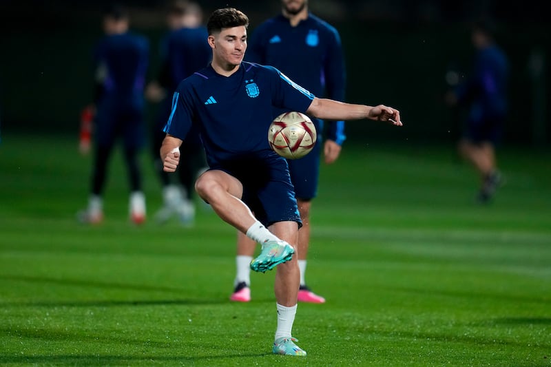 Argentina's Julian Alvarez during training. AP