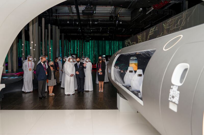 Sheikh Hamdan bin Mohammed visits the Hyperloop model at Spain's pavilion. Photo: Dubai Media Office