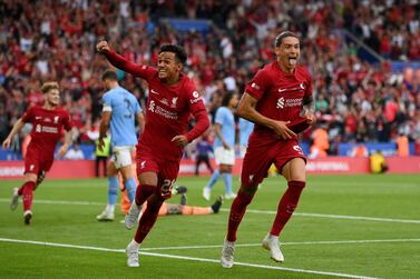LEICESTER, ENGLAND - JULY 30: Goalscorer Darwin Nunez of Liverpool (R) celebrates with team mate Fabio Carvalho during the The FA Community Shield between Manchester City and Liverpool at The King Power Stadium on July 30, 2022 in Leicester, England. (Photo by Mike Hewitt / Getty Images)