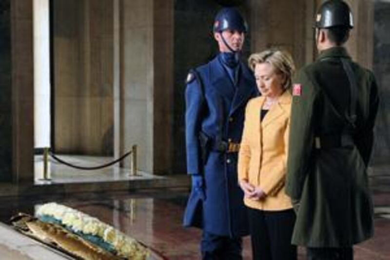 Hillary Clinton pays her respects at the mausoleum of Kemal Ataturk in Ankara at the weekend.