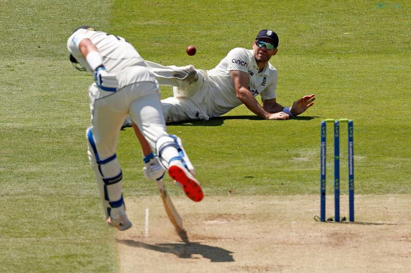 England's fielder James Anderson fails to run out New Zealand's Devon Conway. AFP