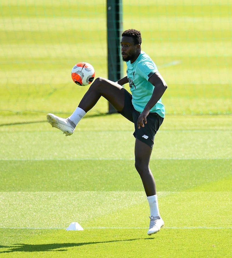 LIVERPOOL, ENGLAND - MAY 24: (THE SUN OUT, THE SUN ON SUNDAY OUT) Divock Origi of Liverpool during a training session at Melwood Training Ground on May 24, 2020 in Liverpool, England. (Photo by Andrew Powell/Liverpool FC via Getty Images)