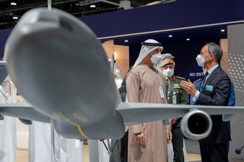 ABU DHABI, UNITED ARAB EMIRATES - February 25, 2021: HH Sheikh Mohamed bin Zayed Al Nahyan, Crown Prince of Abu Dhabi and Deputy Supreme Commander of the UAE Armed Forces (L), tours the International Defence Exhibition and Conference (IDEX), at ADNEC.

( Mohamed Al Hammadi / Ministry of Presidential Affairs )
---