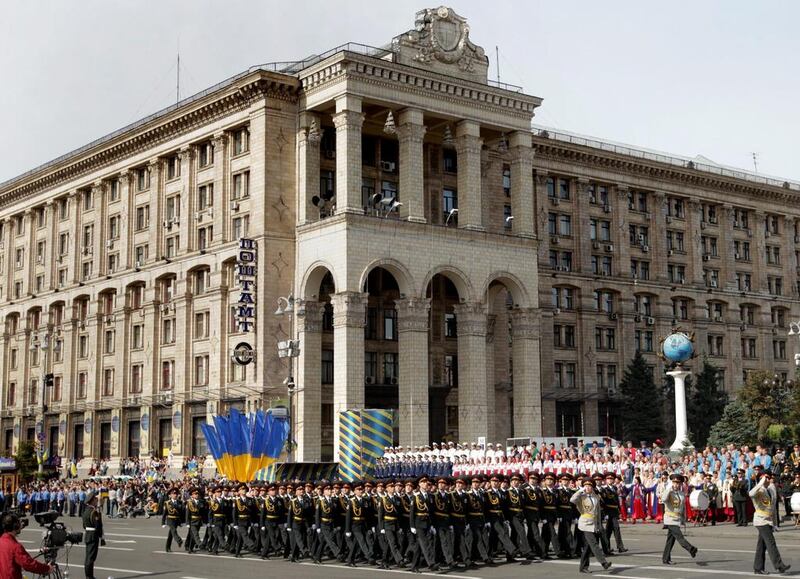 A Ukrainian armed forces’ military unit marches past the main post office building during the military parade as Ukraine marked its Independence Day with a big military parade in the capital. Tatyana Zenkovich/EPA