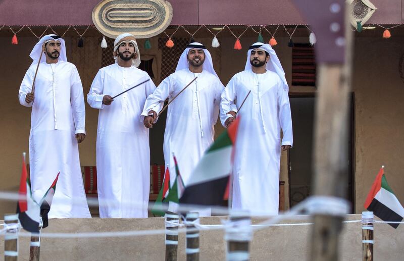 Abu Dhabi, United Arab Emirates, January 10, 2021.  Emirati Ayala dancers at the UAE pavillon, Sheikh Zayed Festival.
Victor Besa/The National
Section:  NA
Reporter:  Saeed Saeed