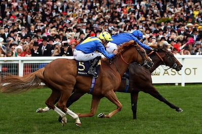 ASCOT, ENGLAND - JUNE 22: Daniel Tudhope riding Dream of Dreams (5) battles with James Doyle riding Blue Point in The Diamond Jubilee Stakes on day five of Royal Ascot at Ascot Racecourse on June 22, 2019 in Ascot, England. (Photo by Bryn Lennon/Getty Images for Ascot Racecourse)