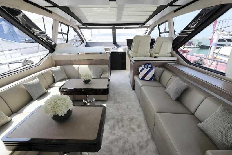 DUBAI , UNITED ARAB EMIRATES , February 26 – 2019 :- Inside view of the Azimut Yacht S 7 which is on display at the Dubai International Boat Show held in Dubai. ( Pawan Singh / The National ) For News/Instagram/Big Picture. Story by Nick Webster 