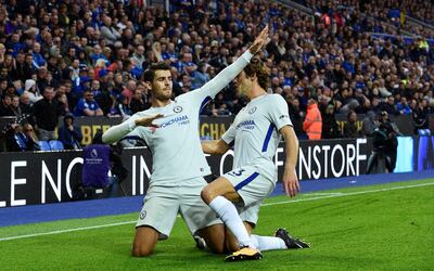 Soccer Football - Premier League - Leicester City vs Chelsea - Leicester, Britain - September 9, 2017   Chelsea's Alvaro Morata celebrates scoring their first goal with Marcos Alonso    REUTERS/Rebecca Naden  EDITORIAL USE ONLY. No use with unauthorized audio, video, data, fixture lists, club/league logos or "live" services. Online in-match use limited to 75 images, no video emulation. No use in betting, games or single club/league/player publications. Please contact your account representative for further details.