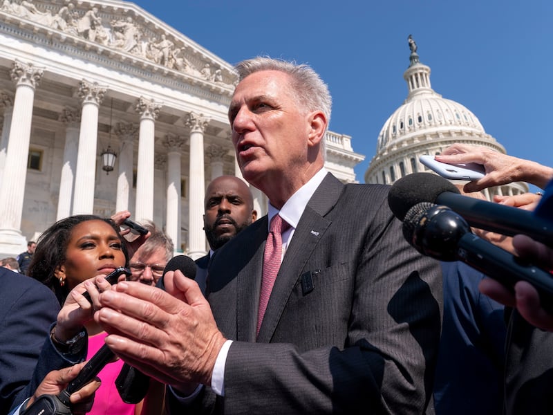 House Speaker Kevin McCarthy speaks to reporters about the debt limit negotiations, on Capitol Hill in Washington. AP Photo