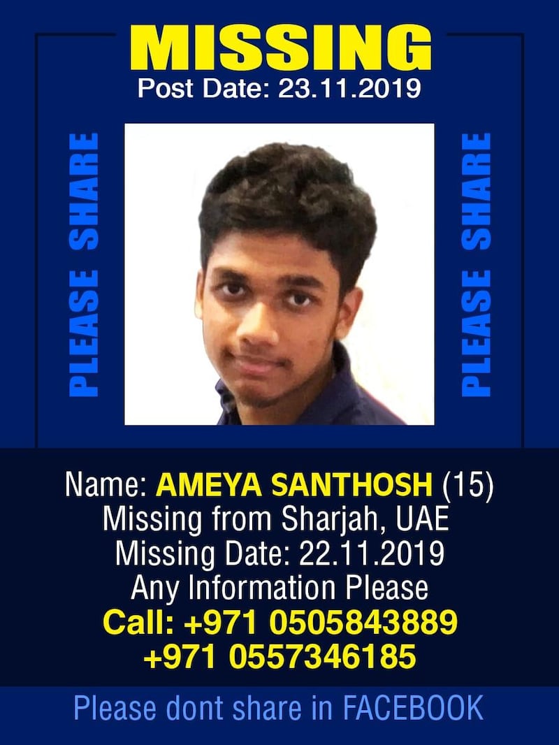 The family of Ameya Santhosh have distributed his missing poster in a bid to find their son. Courtesy family