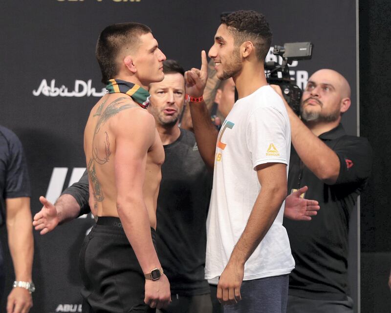 Abu Dhabi, United Arab Emirates - September 06, 2019: Fares Ziam and Don Madge (L) square up at UFC 242. Friday the 6th of September 2019. Yes Island, Abu Dhabi. Chris Whiteoak / The National