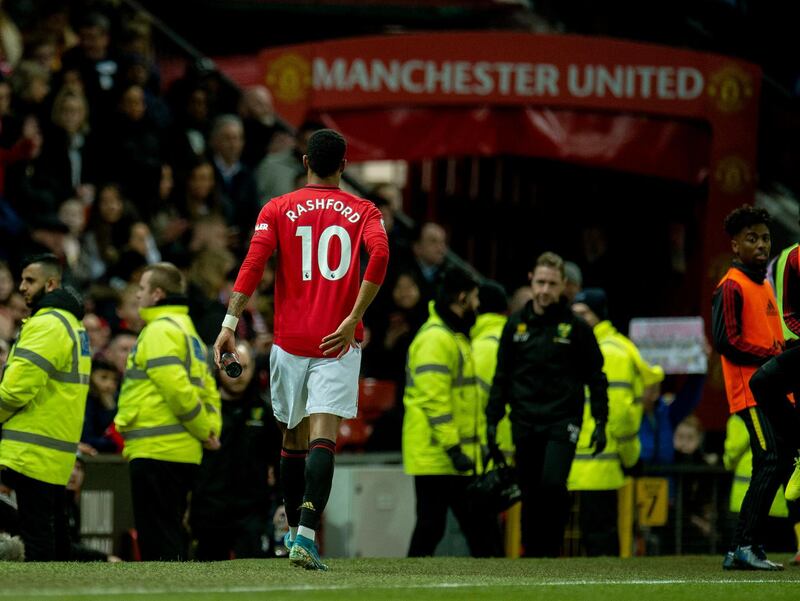Manchester United's Marcus Rashford leaves the pitch due to an injury against Norwich City at Old Trafford on 11 January 2020. EPA