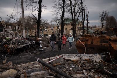 Destroyed Russian tanks in Bucha on the outskirts of Kyiv, Ukraine, in April 2022. AP