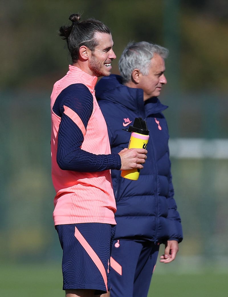 ENFIELD, ENGLAND - OCTOBER 07: Gareth Bale of Tottenham Hotspur and manager Jose Mourinho during the Tottenham Hotspur training session at Tottenham Hotspur Training Centre on October 07, 2020 in Enfield, England. (Photo by Tottenham Hotspur FC/Tottenham Hotspur FC via Getty Images)