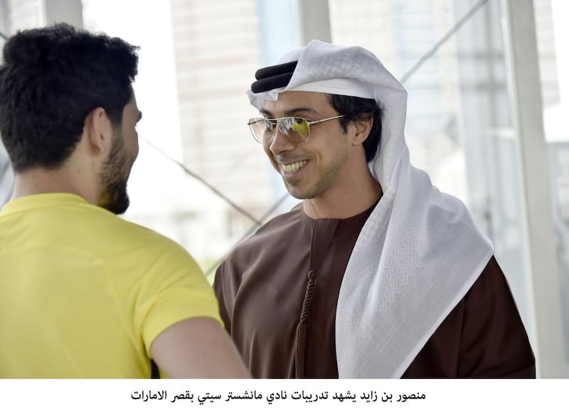 Sheikh Mansour bin Zayed, Deputy Prime Minister, Minister of Presidential Affairs and owner of Manchester City Football Club, attends the club’s training camp at Emirates Palace Stadium. Wam