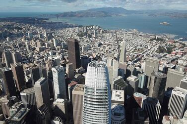 The Salesforce Tower (front, centre) in downtown San Francisco, California. San Francisco is now all about the multi-billion dollar tech giants who have turned it into one of the world's most expensive cities to live in. AFP