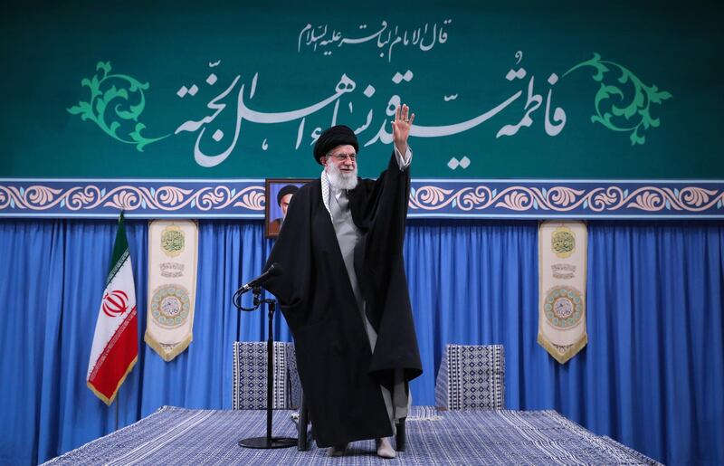 epa08219311 A handout photo made available by Iran's Supreme Leader Office shows Iranian Supreme Leader Ayatollah Ali Khamenei waving during a ceremony in Tehran, Iran, 15 February 2020.  EPA/IRAN'S SUPREME LEADER OFFICE HANDOUT  HANDOUT EDITORIAL USE ONLY/NO SALES