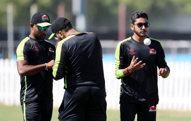 ABU DHABI, UNITED ARAB EMIRATES , Nov 13  – 2019 :- Hassan Khalid (right) of  Qalandars T10 cricket team during the training session held at Sheikh Zayed Cricket Stadium in Abu Dhabi. ( Pawan Singh / The National )  For Sports. Story by Paul