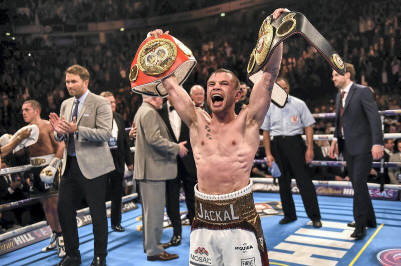 27 February 2016; Carl Frampton celebrates after defeating Scott Quigg by points decision in their IBF & WBA Super-Bantamweight World Unification Title Fight. Manchester Arena, Manchester, England. Picture credit: Ramsey Cardy / SPORTSFILE (Photo by Sportsfile/Corbis/Sportsfile via Getty Images)