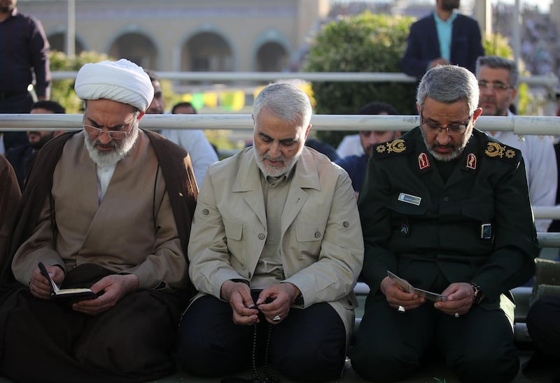 TEHRAN, IRAN - JUNE 5: (----EDITORIAL USE ONLY  MANDATORY CREDIT - "IRANIAN SUPREME LEADER PRESS OFFICE / HANDOUT" - NO MARKETING NO ADVERTISING CAMPAIGNS - DISTRIBUTED AS A SERVICE TO CLIENTS----) Major general Qasem Soleimani performS Eid al-Fitr Prayer at Grand Prayer Grounds (Mossalla) in Tehran, Iran on June 5, 2019. Muslims around the world celebrate Eid al-Fitr marking the end of the holy fasting month of Ramadan. 
 (Photo by IRANIAN SUPREME LEADER PRESS OFFICE - HANDOUT/Anadolu Agency/Getty Images)