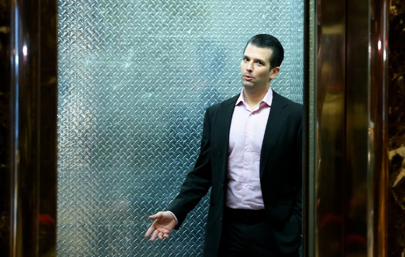 (FILES):  This file photo taken on November 17, 2016 shows Donald Trump Jr, arriving at Trump Tower for meetings with US President-elect Donald Trump in New York. 
President Donald Trump's son released Monday, November 13, 2017 a series of messages he had with WikiLeaks after a report suggested he had secretly liaised with the group which published Hillary Clinton's emails during last year's election. Donald Trump Jr revealed what he said was the "entire" chain of Twitter direct messages with WikiLeaks between September 2016 and July this year, in which the anti-secrecy group sought to feed information to the Trump campaign and enhance the impact of its Clinton releases. / AFP PHOTO / Eduardo Munoz Alvarez