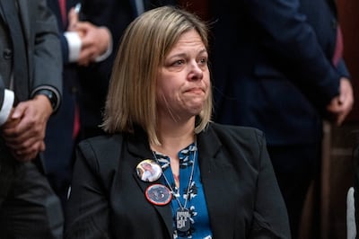 Christy Shamblin, whose daughter-in-law, Marine Corps Sgt Nicole Gee, was killed in Afghanistan in August 2021, attends the hearing. AP