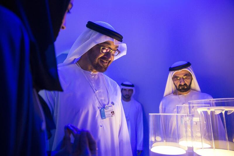 Sheikh Mohamed bin Zayed , Crown Prince of Abu Dhabi Deputy Supreme Commander of the UAE Armed Forces (2nd R) and Sheikh Mohamed bin Rashid, Vice President of the UAE and Ruler of Dubai (R) tour the Museum of the Future during the 2016 World Government Summit in Dubai. Mohamed Al Hammadi / Crown Prince Court - Abu Dhabi