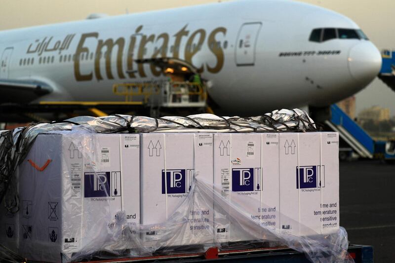 The first shipment of the Oxford-AstraZeneca vaccine arrives at Khartoum airport in the Sudanese capital. The delivery comprises 828,000 doses. AFP