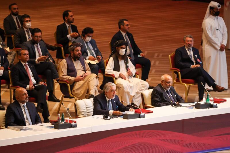 Abdullah Abdullah, centre, chairman of Afghanistan's High Council for National Reconciliation, speaks the opening session of the peace talks between the Afghan government and the Taliban in the Qatari capital Doha. AFP