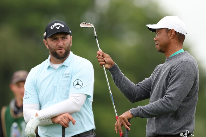 Tiger Woods of United States and Jon Rahm of Spain chat during Day Two of the JP McManus Pro-Am at Adare Manor. Getty Images