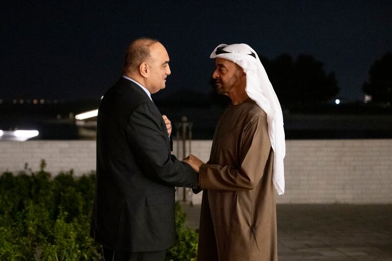 Sheikh Mohamed bin Zayed bids farewell to Prime Minister Bisher Al Khasawneh of Jordan after their meeting at Al Shati Palace. Photo: Ministry of Presidential Affairs