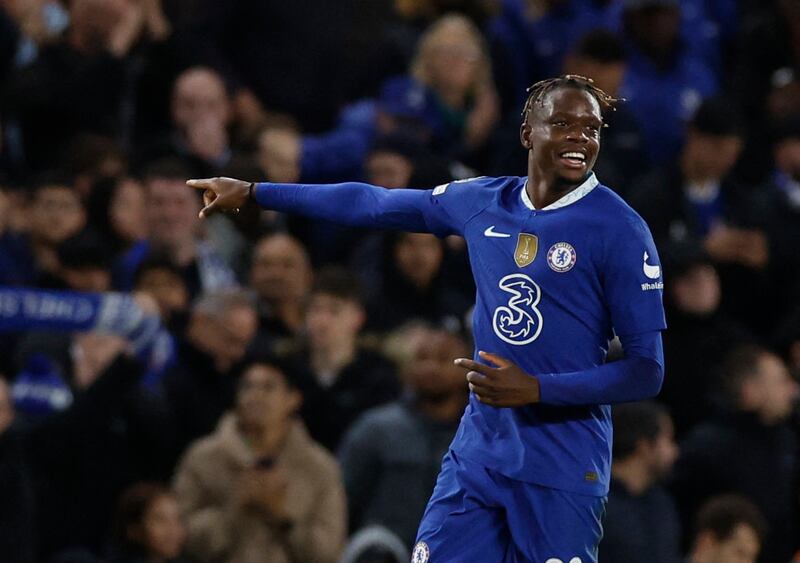 Denis Zakaria celebrates after scoring Chelsea's second goal in their 2-1 Champions League win over Dinamo Zagreb at Stamford Bridge on Wednesday, November 3, 2022. Reuters