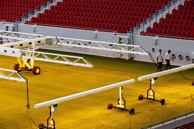 Artificial lighting apparatus on the pitch at the Al Thumama Stadium in Doha. Bloomberg