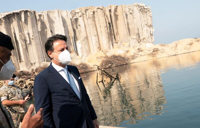 Italian Prime Minister Giuseppe Conte visits the site of last month's massive explosion at Beirut port, in Beirut, Lebanon, September 8, 2020. Government handout/Handout via REUTERS ATTENTION EDITORS THIS IMAGE HAS BEEN SUPPLIED BY A THIRD PARTY.