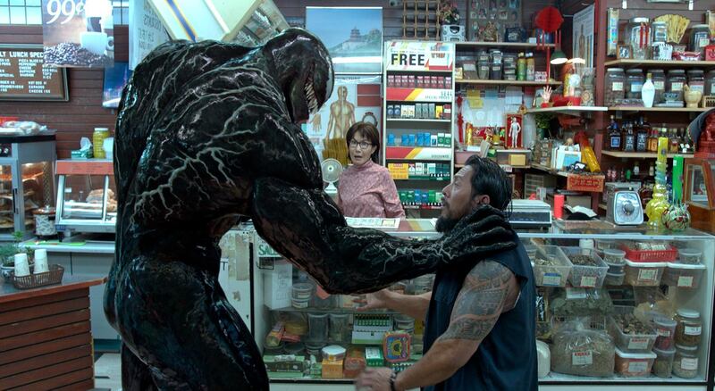 This image released by Sony Pictures shows a scene from "Venom." (Sony Pictures via AP)