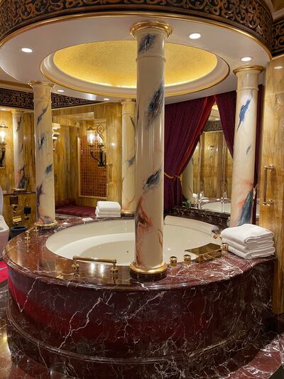 A gilded bathroom adjoining the master bedroom in the Burj Al Arab's Royal Suite. Janice Rodrigues / The National
