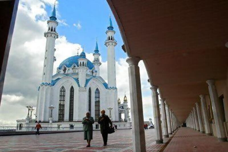 Visitors walk near the Qol Sharif mosque in Kazan, the capital of Tatarstan. Flydubai added the Russian city to its roster last month.