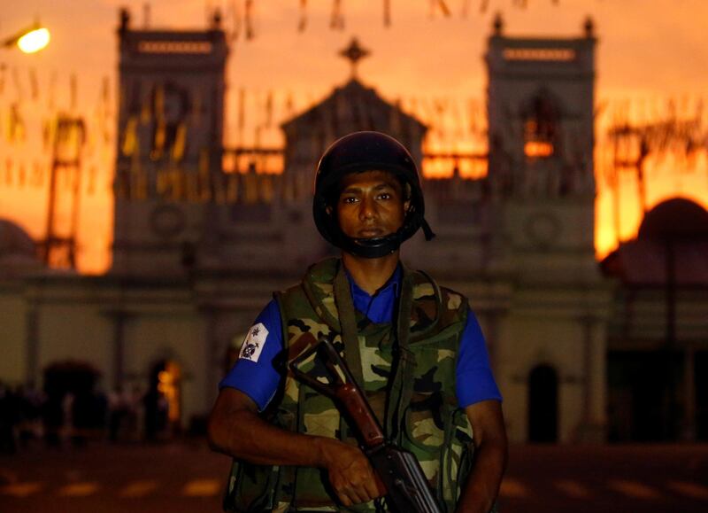 A security officer stands guard outside St. Anthony's Shrine, days after a string of suicide bomb attacks on churches and luxury hotels across the island on Easter Sunday, in Colombo, Sri Lanka April 26, 2019. REUTERS/Thomas Peter