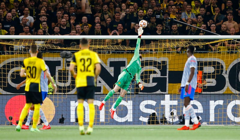 Manchester United goalkeeper David de Gea makes a save. Reuters
