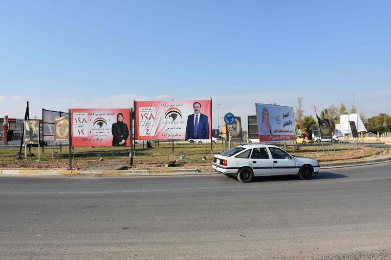 A picture taken on April 14, 2018 in the multi-ethnic northern Iraqi city of Kirkuk shows campaign billboards for candidates in the upcoming parliamentary elections.
Around 7,000 candidates have registered to stand in the May 12 election, with 329 parliamentary seats up for grabs. / AFP PHOTO / Marwan IBRAHIM