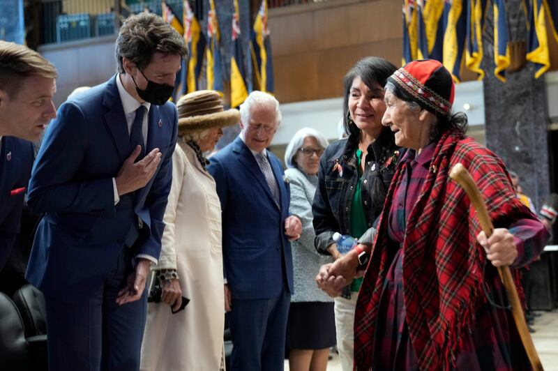 Canadian Prime Minister Justin Trudeau greets indigenous leaders as Prince Charles and Camilla, Duchess of Cornwall, are welcomed. AP