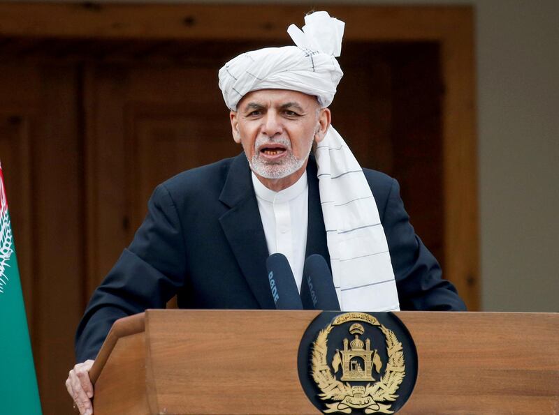 FILE PHOTO: Afghanistan's president, Ashraf Ghani, speaks during his inauguration as president, in Kabul, Afghanistan March 9, 2020. REUTERS/Mohammad Ismail/File Photo