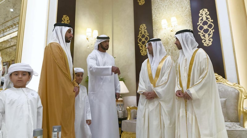 AJMAN, 15th June, 2018 (WAM) -- H.H. Sheikh Humaid bin Rashid Al Nuaimi, Supreme Council Member and Ruler of Ajman, this morning received Eid al-Fitr well-wishers at Al Zaher Palace, in the presence of H.H. Sheikh Ammar bin Humaid Al Nuaimi, Crown Prince of Ajman.

The visitors wished them well and for further progress and pride to the UAE and its people under the wise leadership of President His Highness Sheikh Khalifa bin Zayed Al Nahyan.

Sheikh Humaid bin Rashid and Sheikh Ammar bin Humaid also received Eid al-Fitr greetings from a number of Sheikhs, key officials in the government and private departments, top military and police officials, dignitaries, citizens and residents.

The reception was attended by Sheikh Ahmed bin Humaid Al Nuaimi, Ajman Ruler's Representative for Administrative and Financial Affairs, Sheikh Abdul Aziz bin Humaid Al Nuaimi, Chairman of Ajman Tourism Development Department, Sheikh Rashid bin Humaid Al Nuaimi, Chairman of the Ajman Municipality and Planning Department, Sheikh Dr. Majid bin Saeed Al Nuaimi, Chairman of the Ajman's Ruler Court, and a number of sheikhs and senior officials.