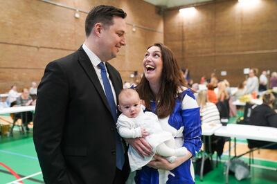 Conservative Ben Houchen with his wife Rachel and baby Hannah at the Tees Valley vote count. PA
