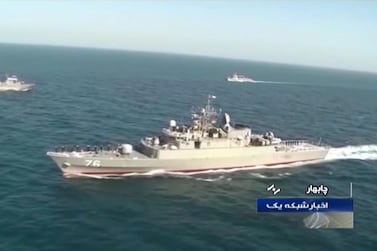A file image from 2019 shows Islamic Republic of Iran Navy frigate Jamaran during Iran-Russia-China joint naval drills in the Indian Ocean and the Gulf of Oman. AFP