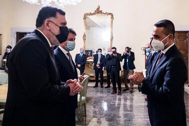 Italian Foreign Minister Luigi Di Maio welcomes GNA Prime Minister Fayez Al Sarraj. EPA