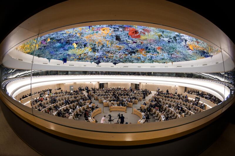 A picture taken shows a general view of the United Nations Human Rights Council room during a debate on the report of (UN) special rapporteur on extrajudicial, summary or arbitrary executions of the killing of Saudi journalist Jamal Khashoggi in Geneva. AFP