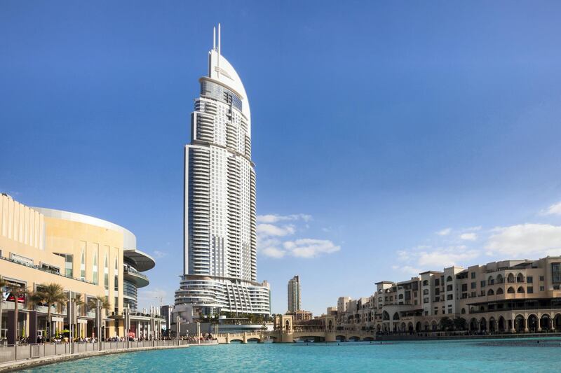 The Address hotel, Dubai. Next to Dubai Shopping Mall and Souk Al Bahar. Looking across the water feature I front of the Burj Khalifa.