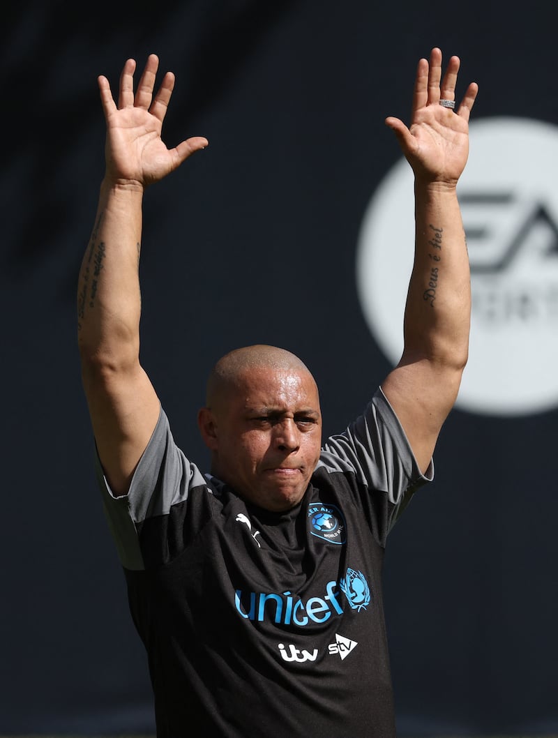 Roberto Carlos during training for Soccer Aid 2022. Reuters