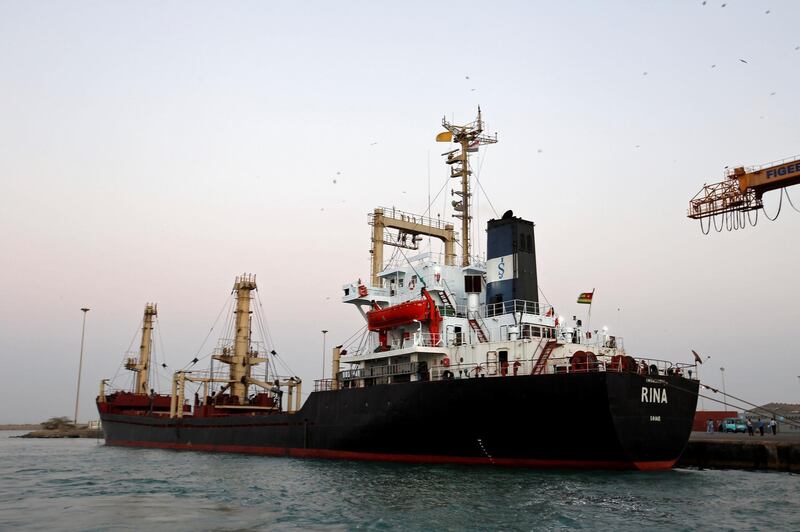 A ship carrying 5,500 tonnes of flour is docked at the Red Sea port of Hodeidah, Yemen November 26, 2017. Picture taken November 26, 2017. REUTERS/Abduljabbar Zeyad